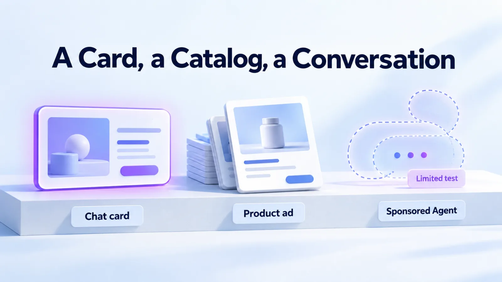 Illustration: the ad formats side by side: the standard chat card, product ads from a catalog and Sponsored Agents in a limited test