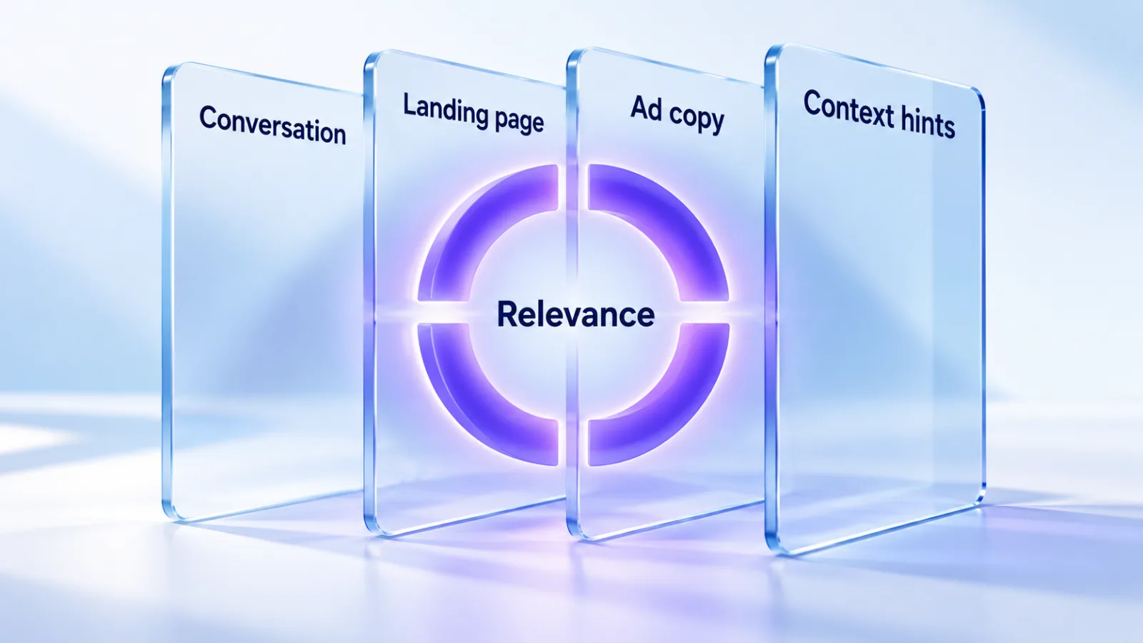 Illustration: the conversation, landing page, ad copy and context hints line up to decide relevance