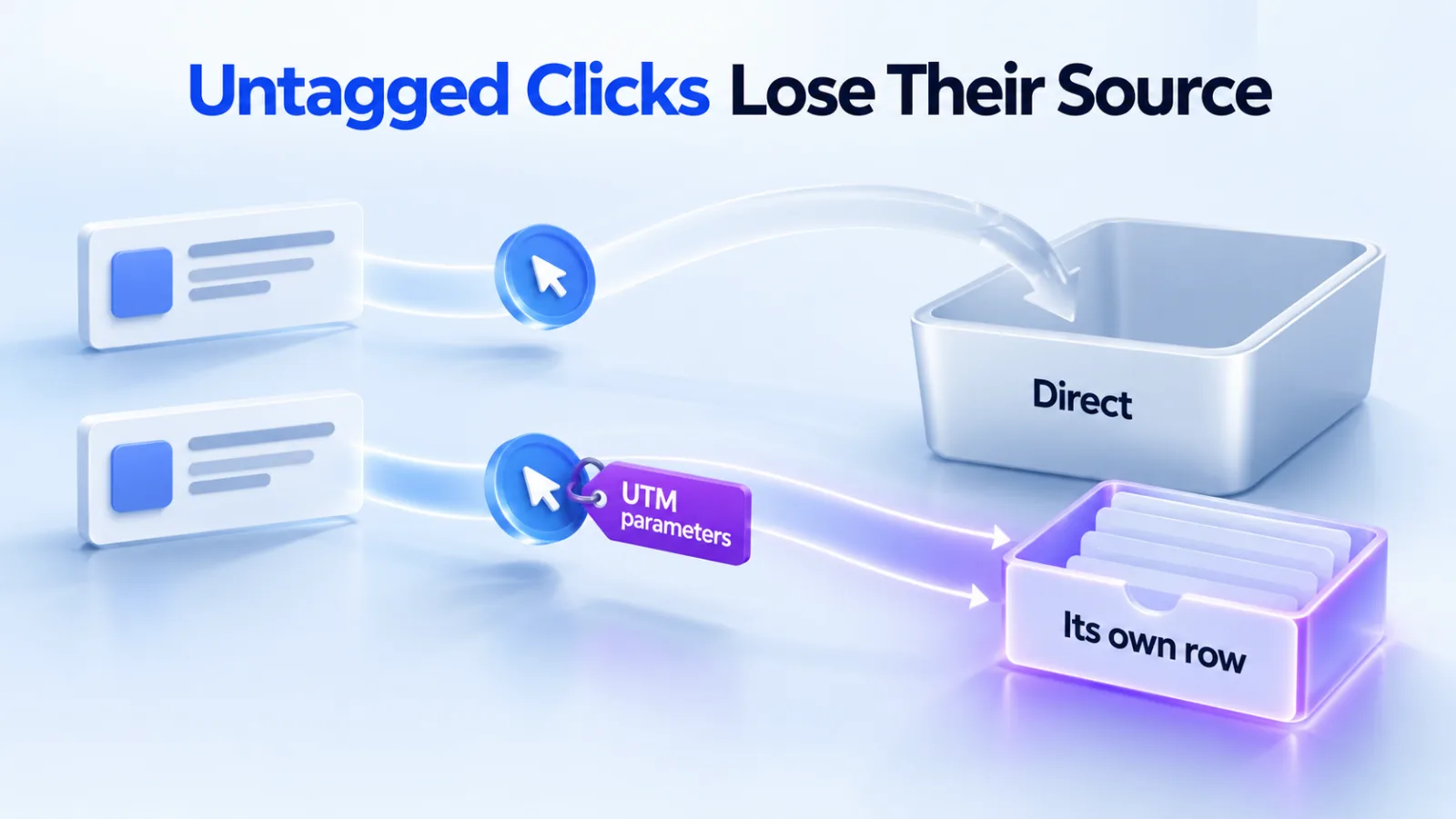 Illustration: an untagged ad click falls into Direct, while a click with UTM parameters gets its own row