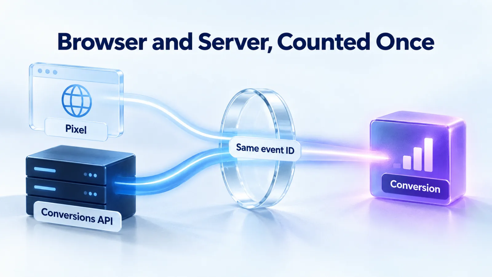 Illustration: the Pixel and the Conversions API send the same event ID, so the conversion is recognized as a duplicate and counted once