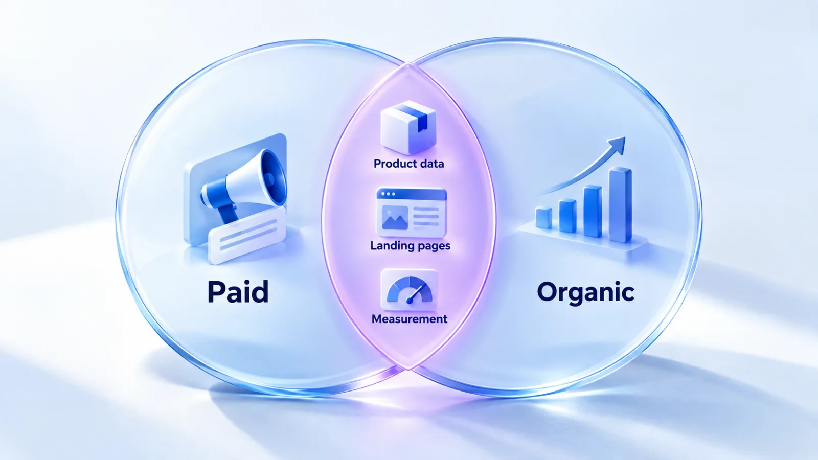 Illustration: paid and organic visibility overlap on product data, landing pages and measurement