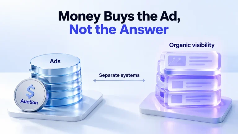 Illustration: paid ads and organic visibility run on separate systems, and money reaches only the ads