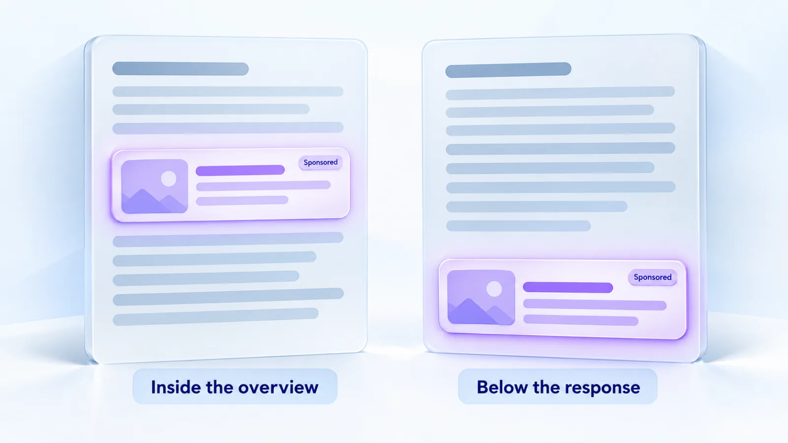 Illustration: one platform places ads inside the AI answer, the other places a labeled, separate ad below the response