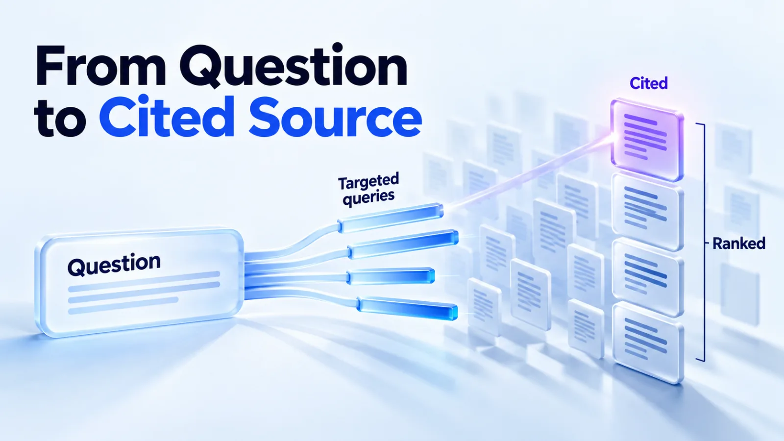 Illustration: a question is rewritten into targeted queries, results are ranked and the chosen page is cited