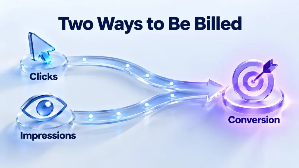 Illustration: click billing and impression billing both lead toward the conversion goal