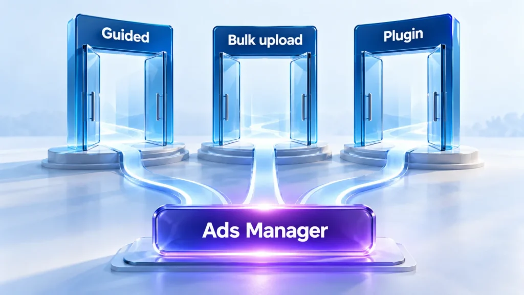 Illustration: guided setup, bulk upload and the plugin all lead into Ads Manager