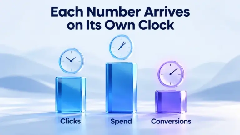 Illustration: clicks, spend and conversions reach reports at different speeds