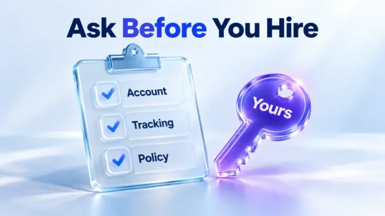 Illustration: a checklist of account, tracking and policy, with the account key kept by you