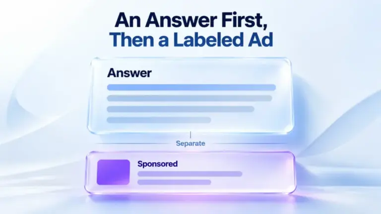 Illustration: a ChatGPT answer with a separate, labeled sponsored card below it